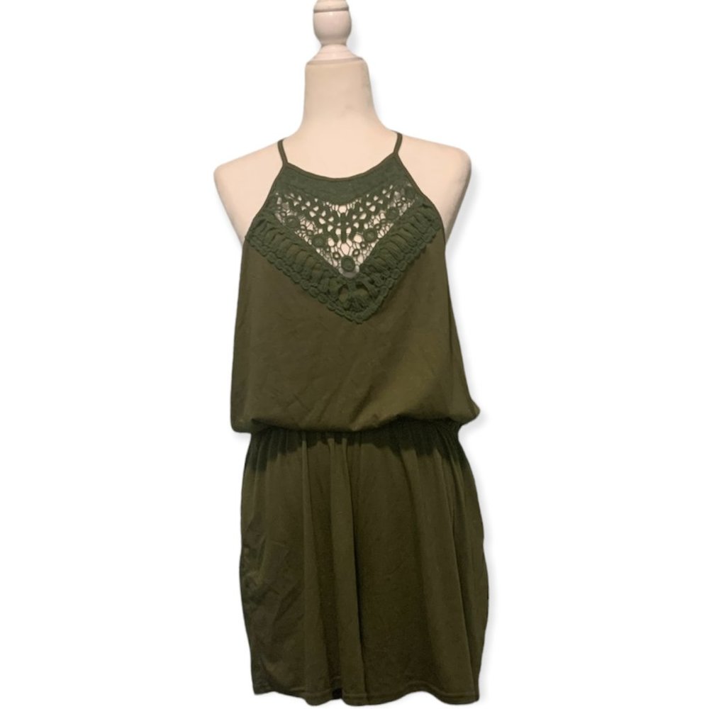 Women's XL Army Green Sleeveless Crochet Front Romper - Picture 3 of 7